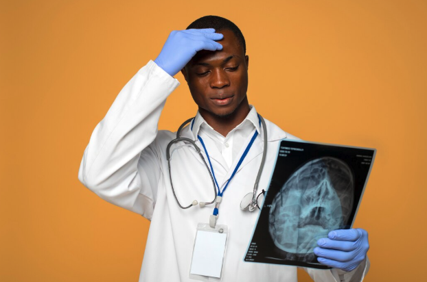 Medical professional reviewing x-ray film